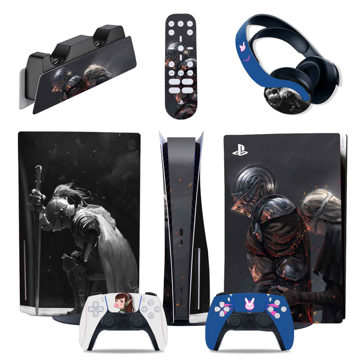 Gaming console, controllers, and accessories with a dark theme featuring characters.