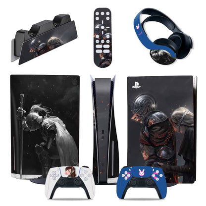 Gaming console, controllers, and accessories with a dark theme featuring characters.