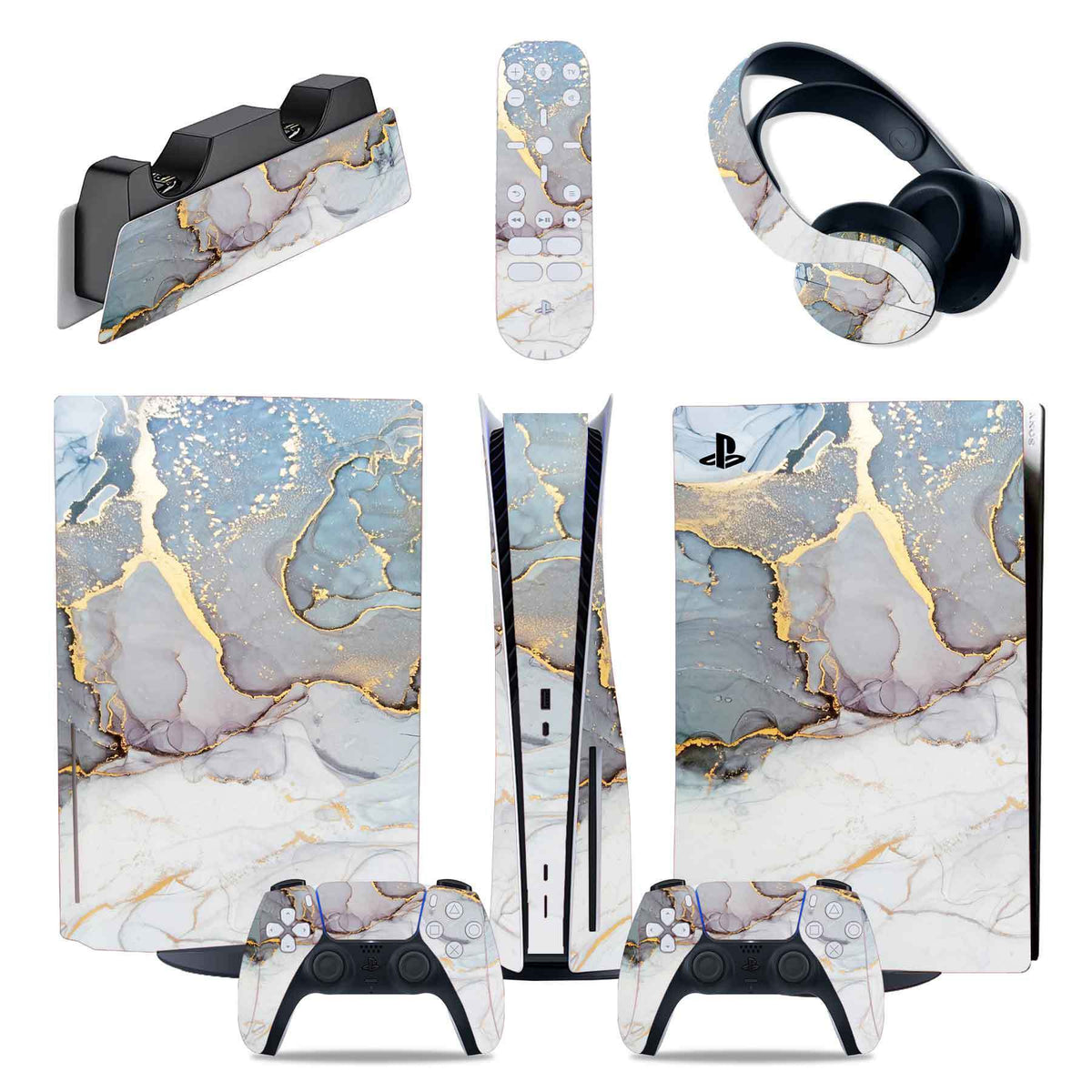 Gaming console and accessories with marble pattern skin on a white background