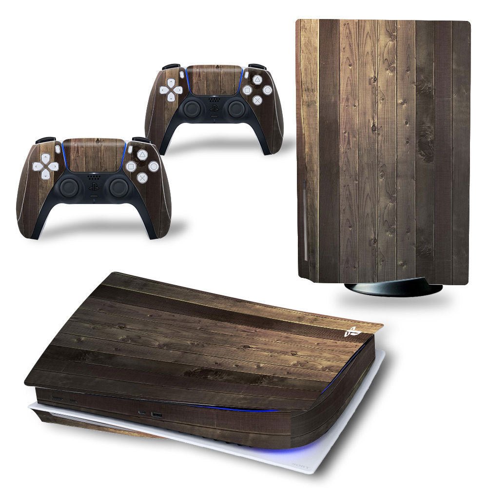 Wooden-textured gaming console and controllers on a white background