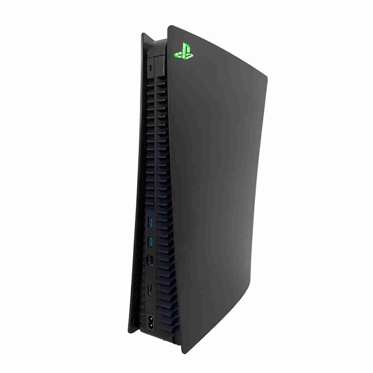 Black gaming console with green logo on a white background