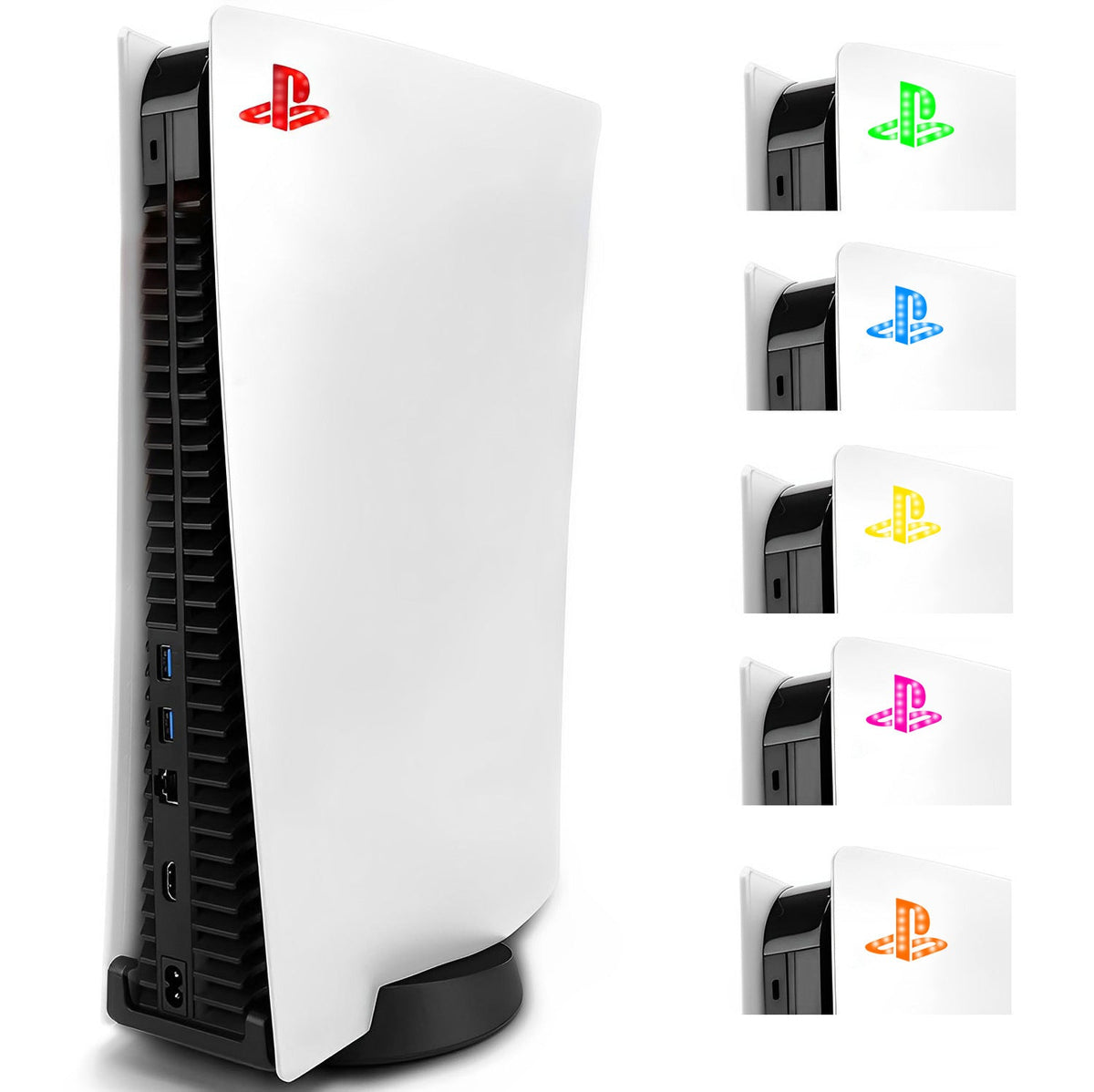White gaming console with colorful logos on a white background