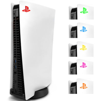 White gaming console with colorful logos on a white background