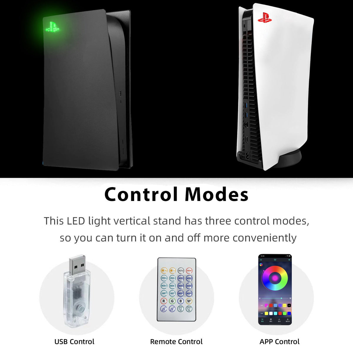Two gaming consoles with an LED light vertical stand and control modes text.