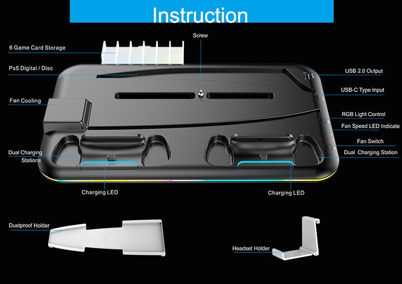 Gaming console back panel with labeled features on a black background
