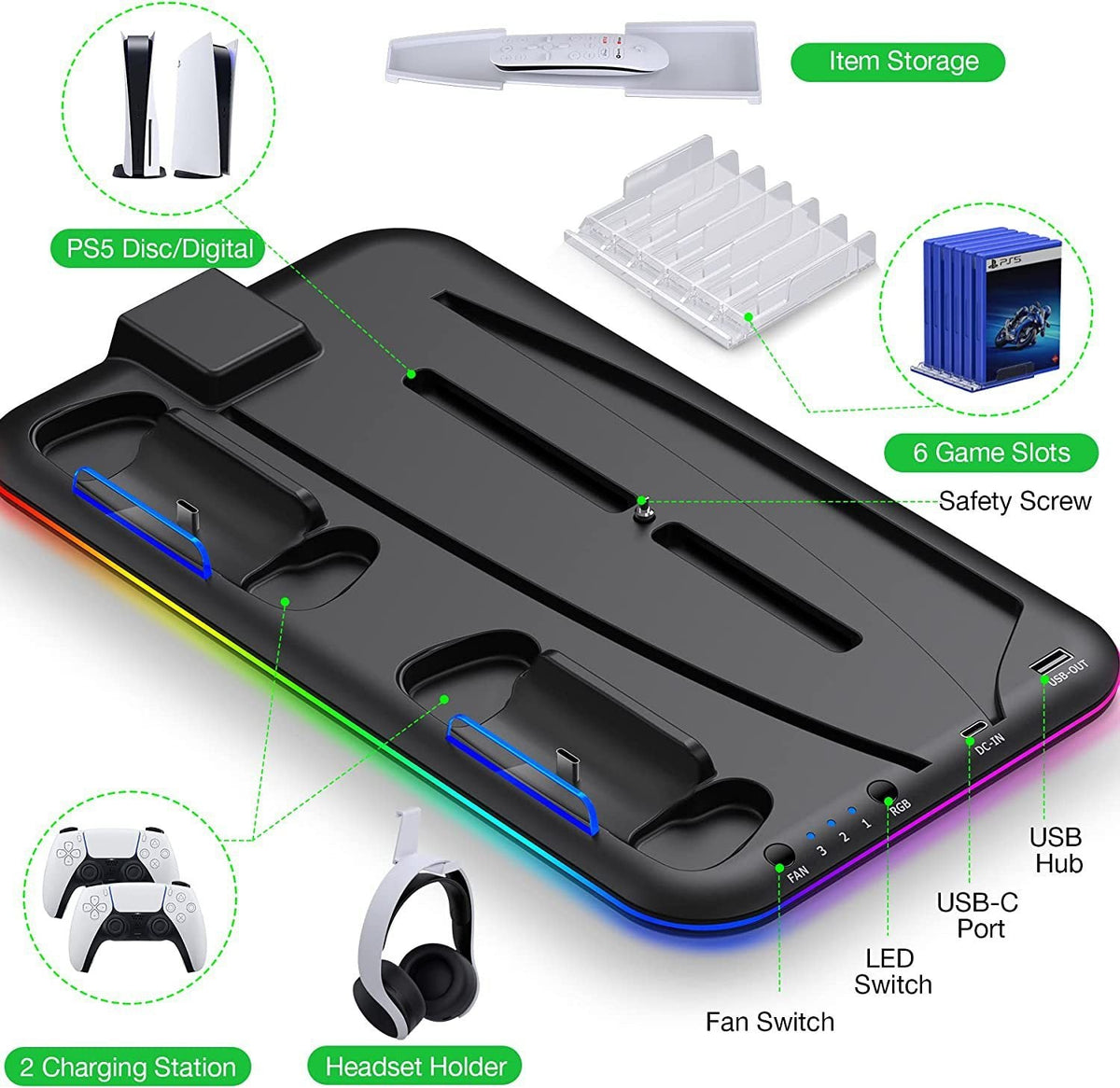 Gaming console stand with various features highlighted on a white background