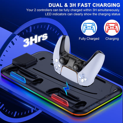 Gaming controller charging station with dual charging capability on a blue background