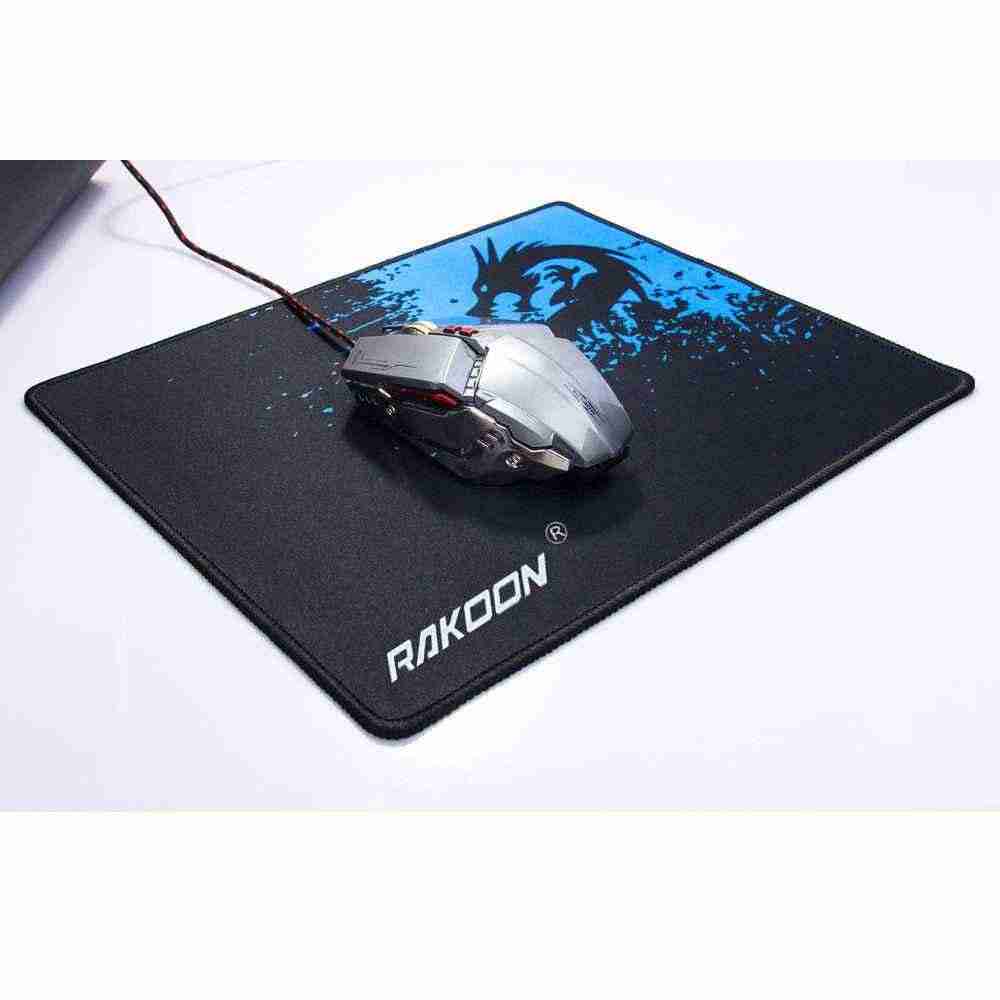 Gaming mouse and mouse pad with 'Rakoon' branding on a white background