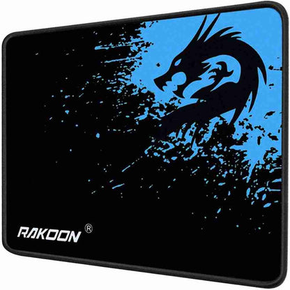 Mouse pad with a dragon design and 'Rakoon' branding on a black background