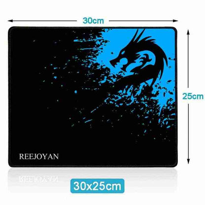 Mouse pad with dragon design and REEJOYAN branding, showing dimensions.