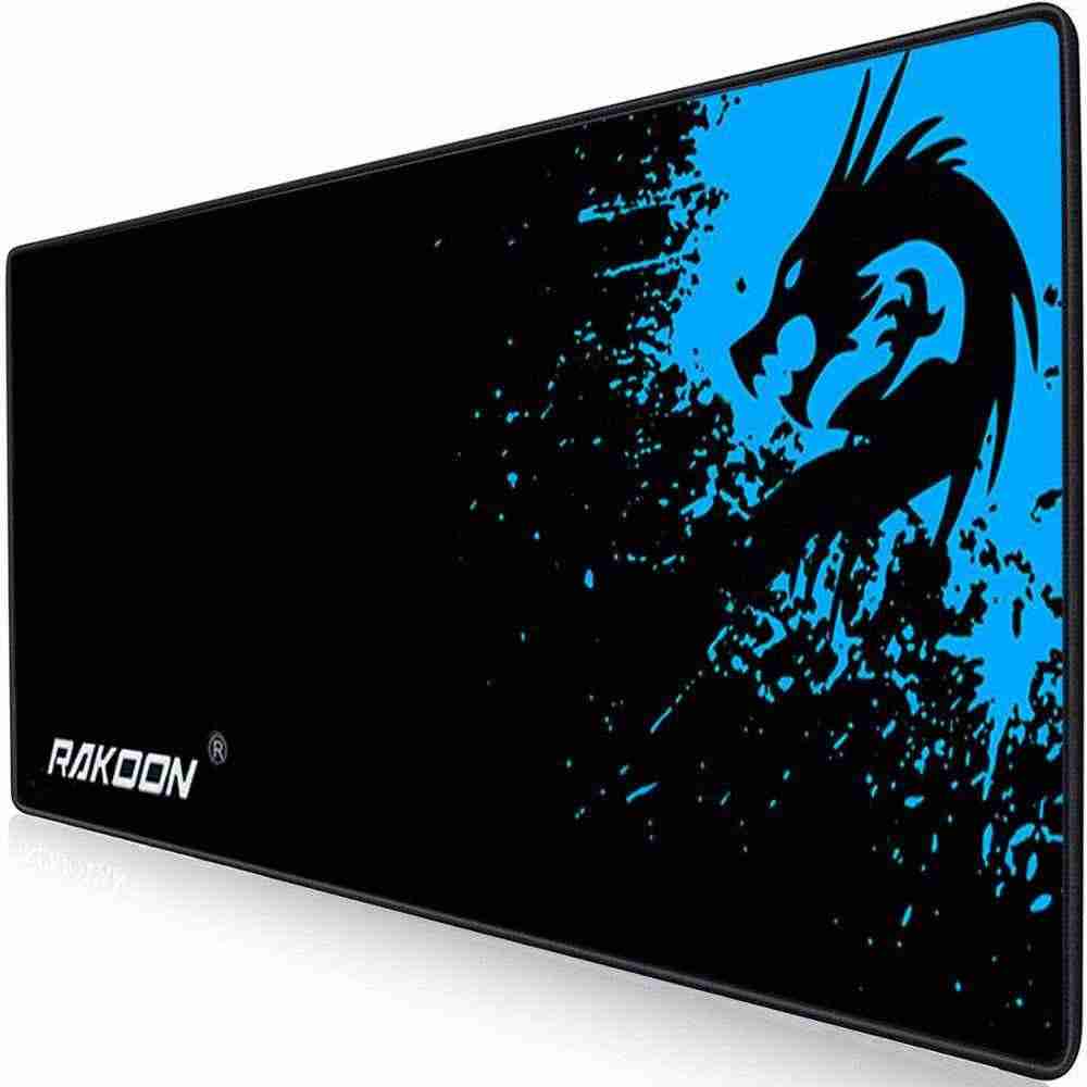 Black mouse pad with blue dragon design and 'RAKOON' branding on a white background