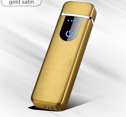 Gold satin electronic device with power symbol on a white background