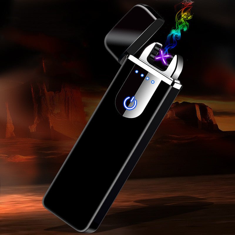 Black and silver lighter with colorful flames against a desert background