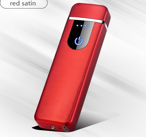 Red satin electronic device with power indicator on a white background