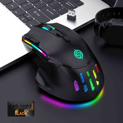 Gaming mouse with RGB lighting on a desk with keyboard and headset