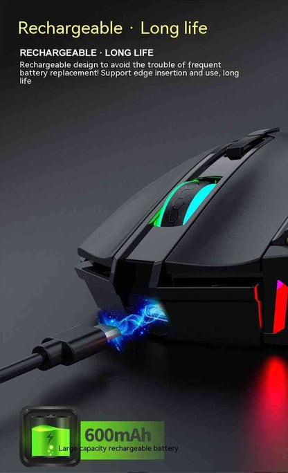 Gaming mouse with rechargeable feature on a dark background