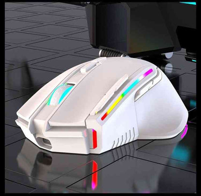 White gaming mouse with RGB lighting on a reflective surface