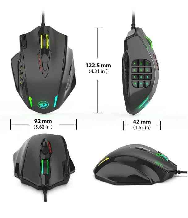 Gaming mouse with measurements on a white background