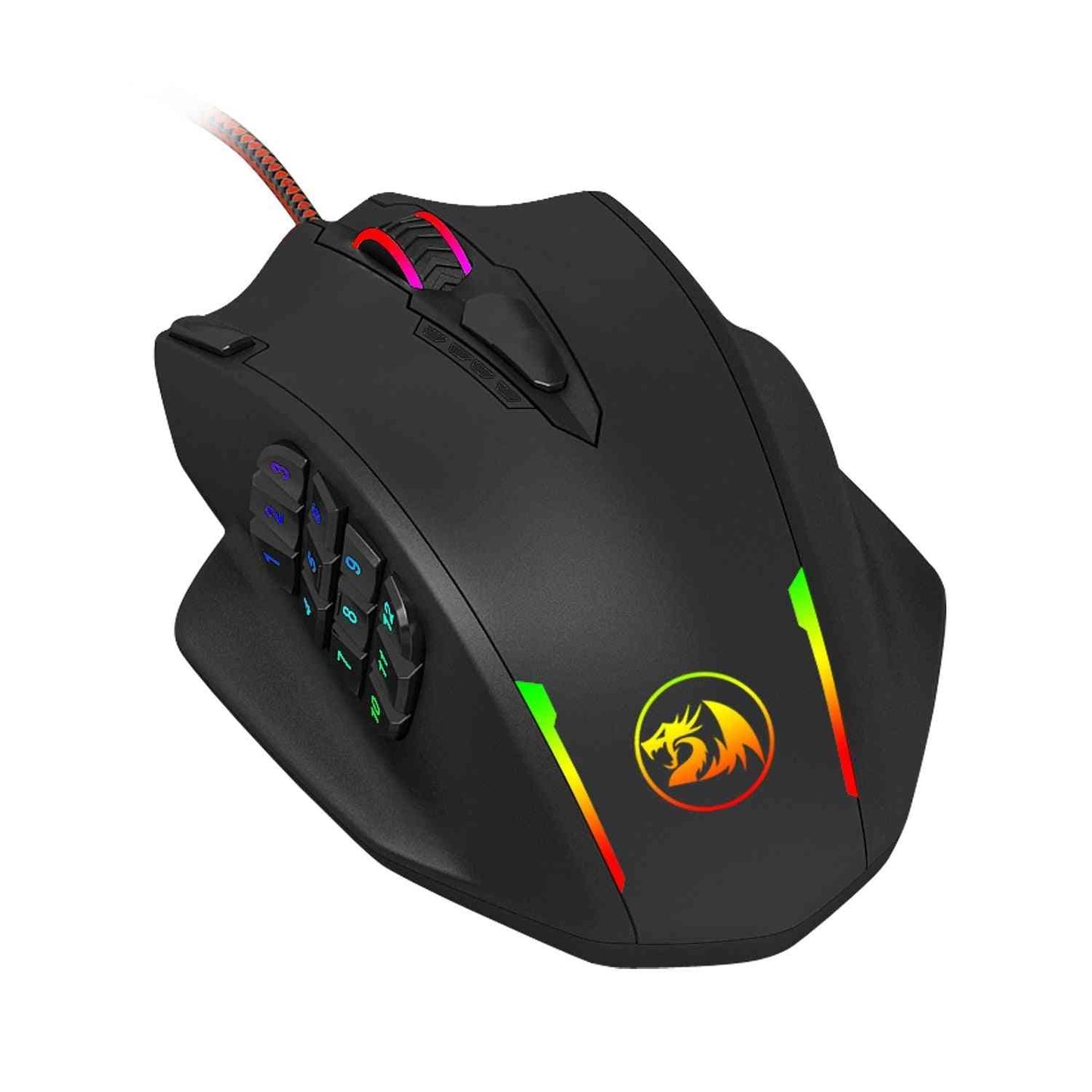 Black gaming mouse with RGB lighting on a white background