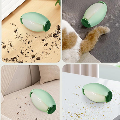 Collage of a green and white lint roller on various surfaces with a cat interacting.