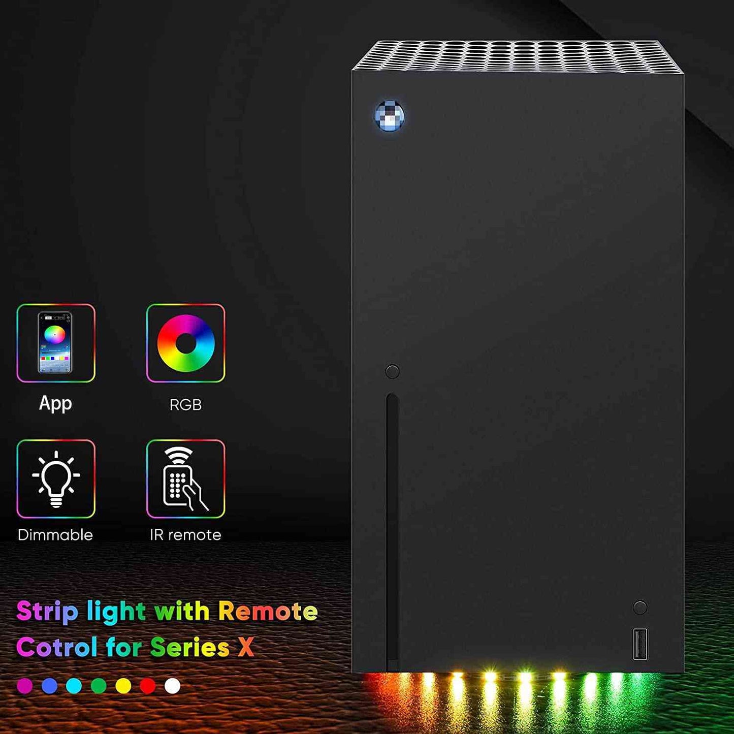 Gaming console with RGB lighting options on a dark background