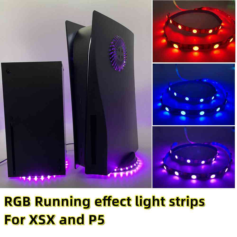 Collage of gaming consoles and RGB LED light strips with text 'RGB Running effect light strips For XSX and P5'.