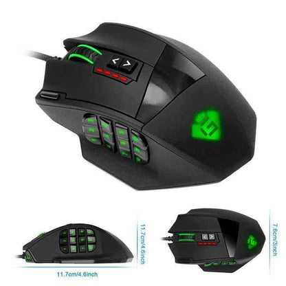 Gaming mouse with green LED lights on a white background