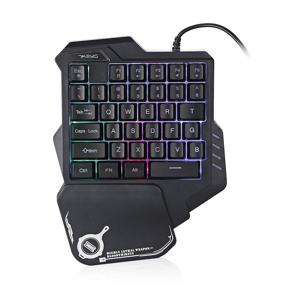 Single-handed gaming keyboard with RGB backlighting on a white background