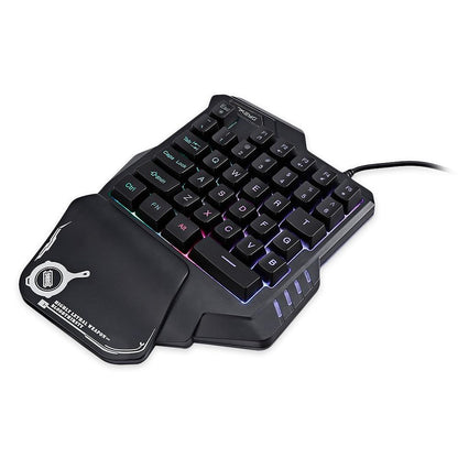 Single-handed gaming keyboard with RGB lighting on a white background