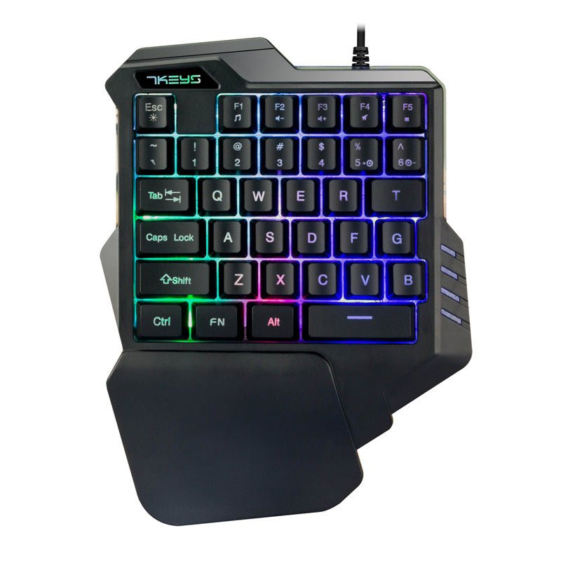 Black ergonomic keyboard with RGB lighting on a white background