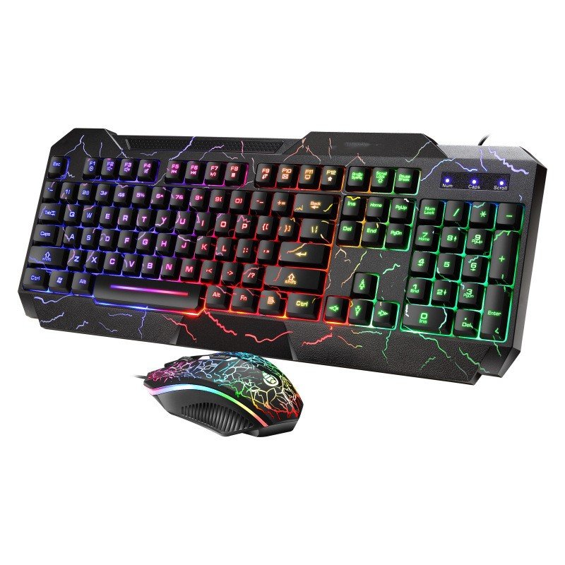 Gaming keyboard and mouse set with colorful backlighting on a white background