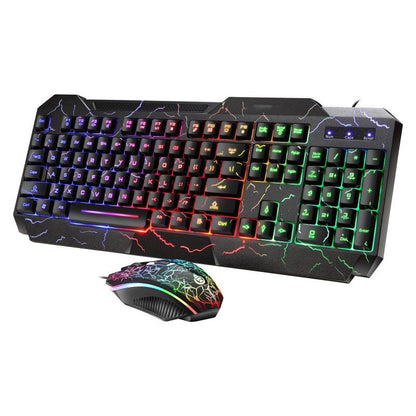 Gaming keyboard and mouse set with colorful backlighting on a white background