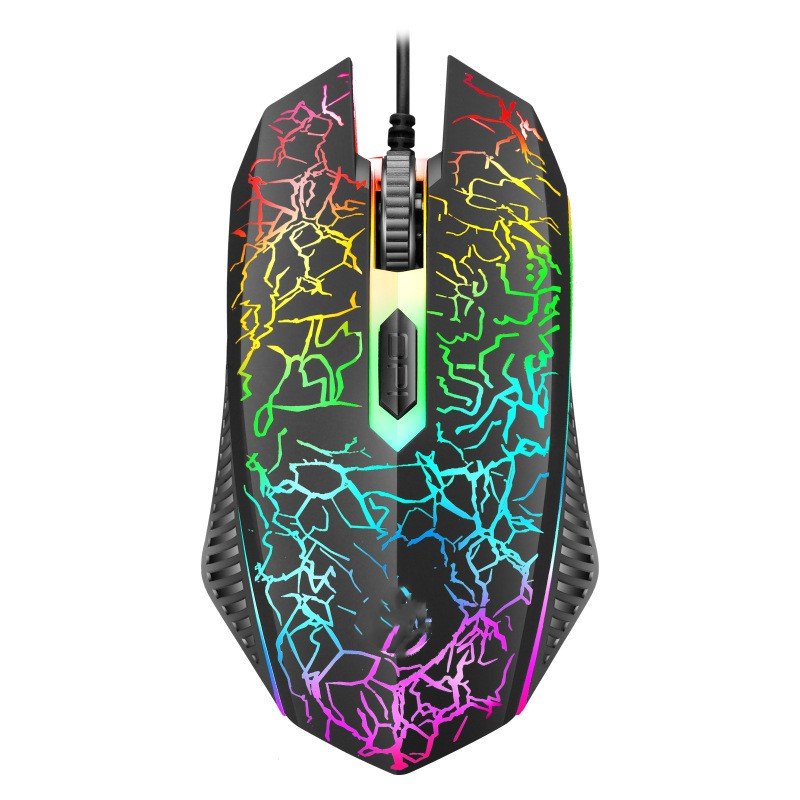 Gaming mouse with colorful cracked pattern on a white background