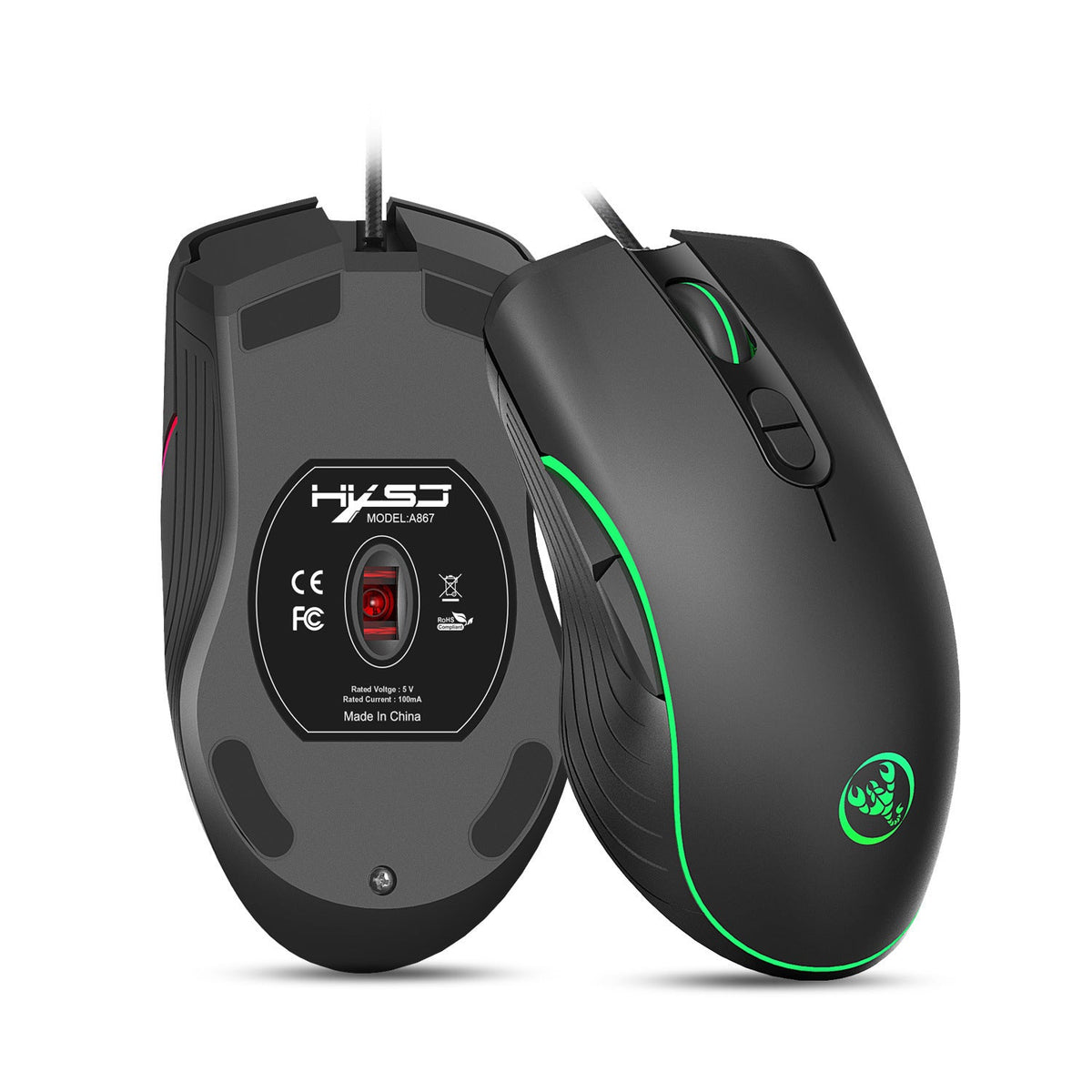 Two gaming mice with green accents on a white background