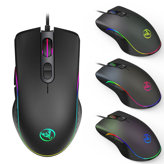Set of black gaming mice with RGB lighting on a white background