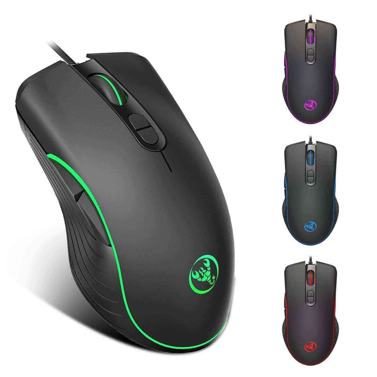 Gaming mouse with green accents and brand logo, shown from multiple angles on a white background.