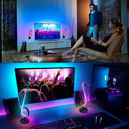 Two scenes showing a TV with colorful display and a desk setup with a computer monitor and speakers.