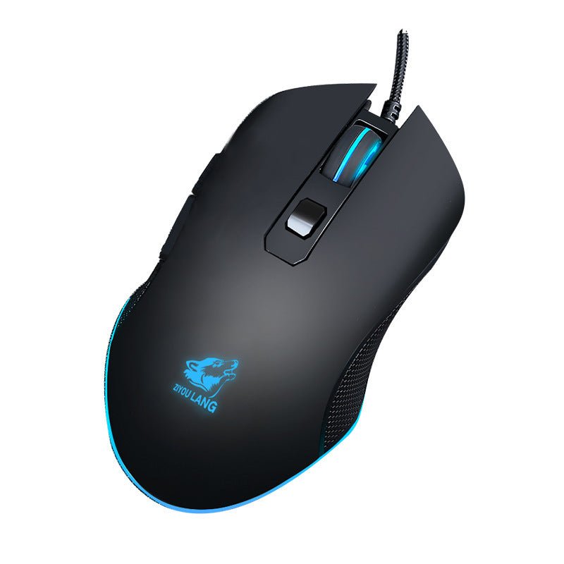 Black gaming mouse with blue accents on a white background