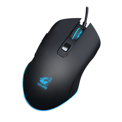Black gaming mouse with blue accents on a white background
