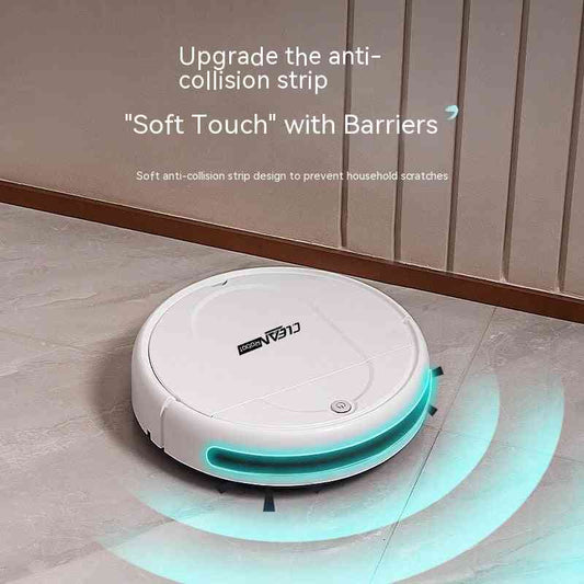 Vacuum Cleaner Robot Smart Home on a tiled floor with text about anti-collision strip upgrade.