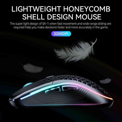 Gaming mouse with honeycomb shell design on a dark background