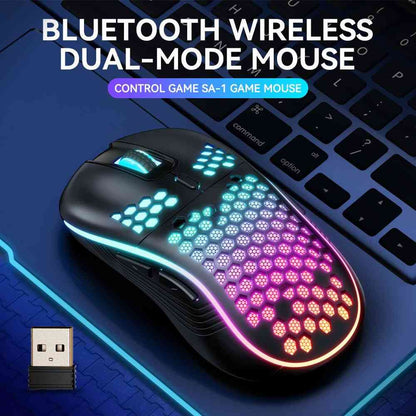 Bluetooth wireless dual-mode mouse with colorful LED lights on a keyboard background