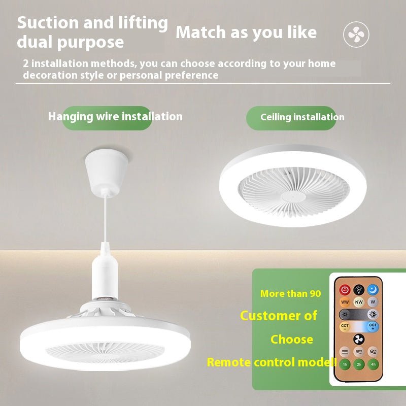 Ceiling fan with installation methods and remote control on a gray background