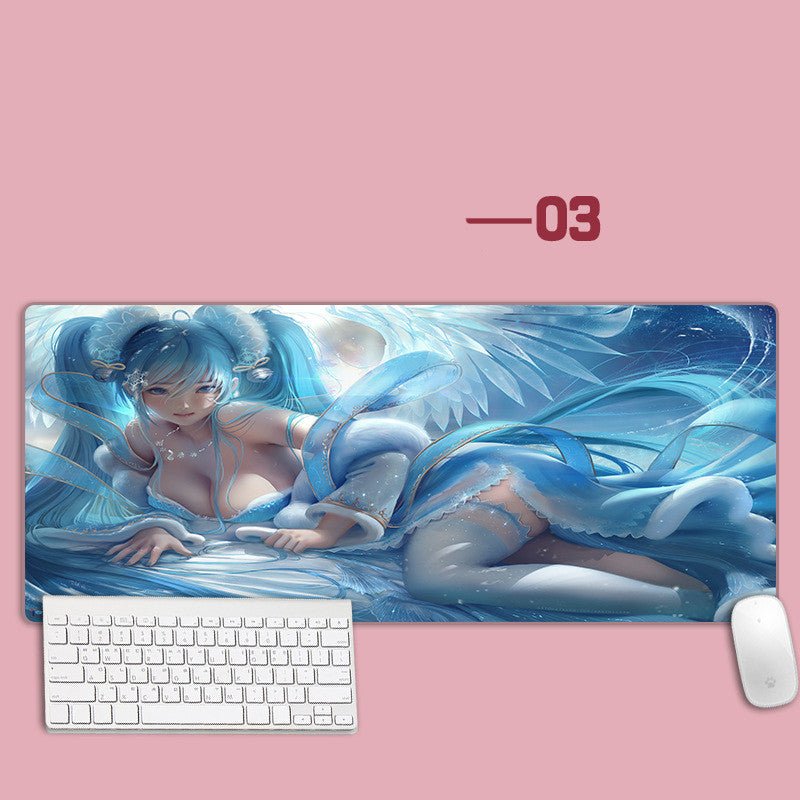 Large mouse pad with an anime-style design of a character with blue hair on a pink background.