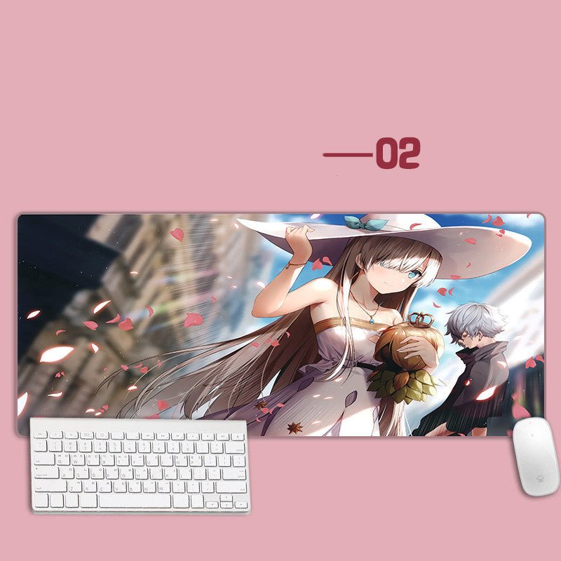 Anime-style mouse pad with two characters on a pink background