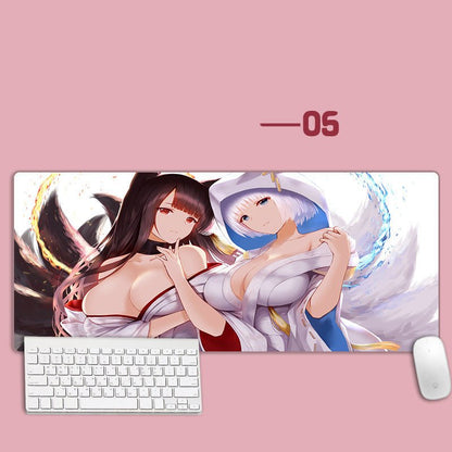 Large mouse pad with anime characters on a pink background