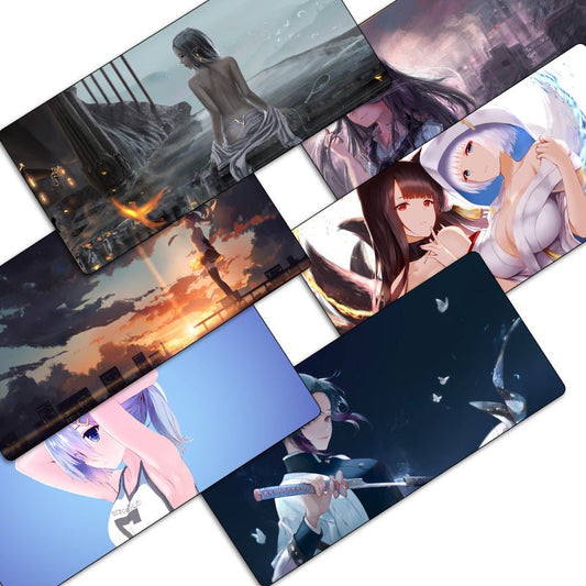Collage of various anime-style illustrations on mouse pads.