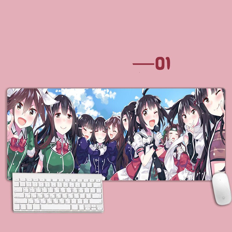 Anime-style mouse pad with characters and a keyboard on a pink background
