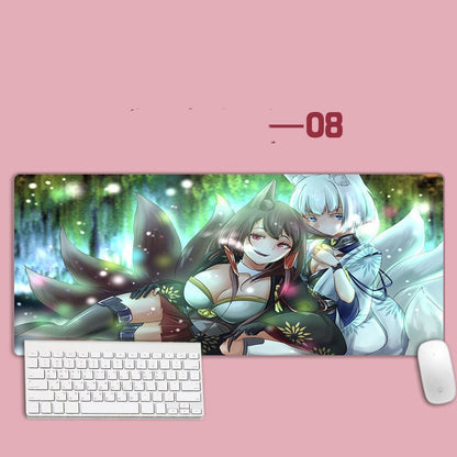 Anime-style mouse pad with two characters on a pink background
