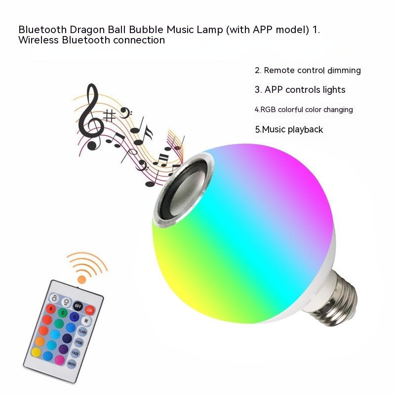 Colorful LED light bulb with Bluetooth and remote control features on a white background